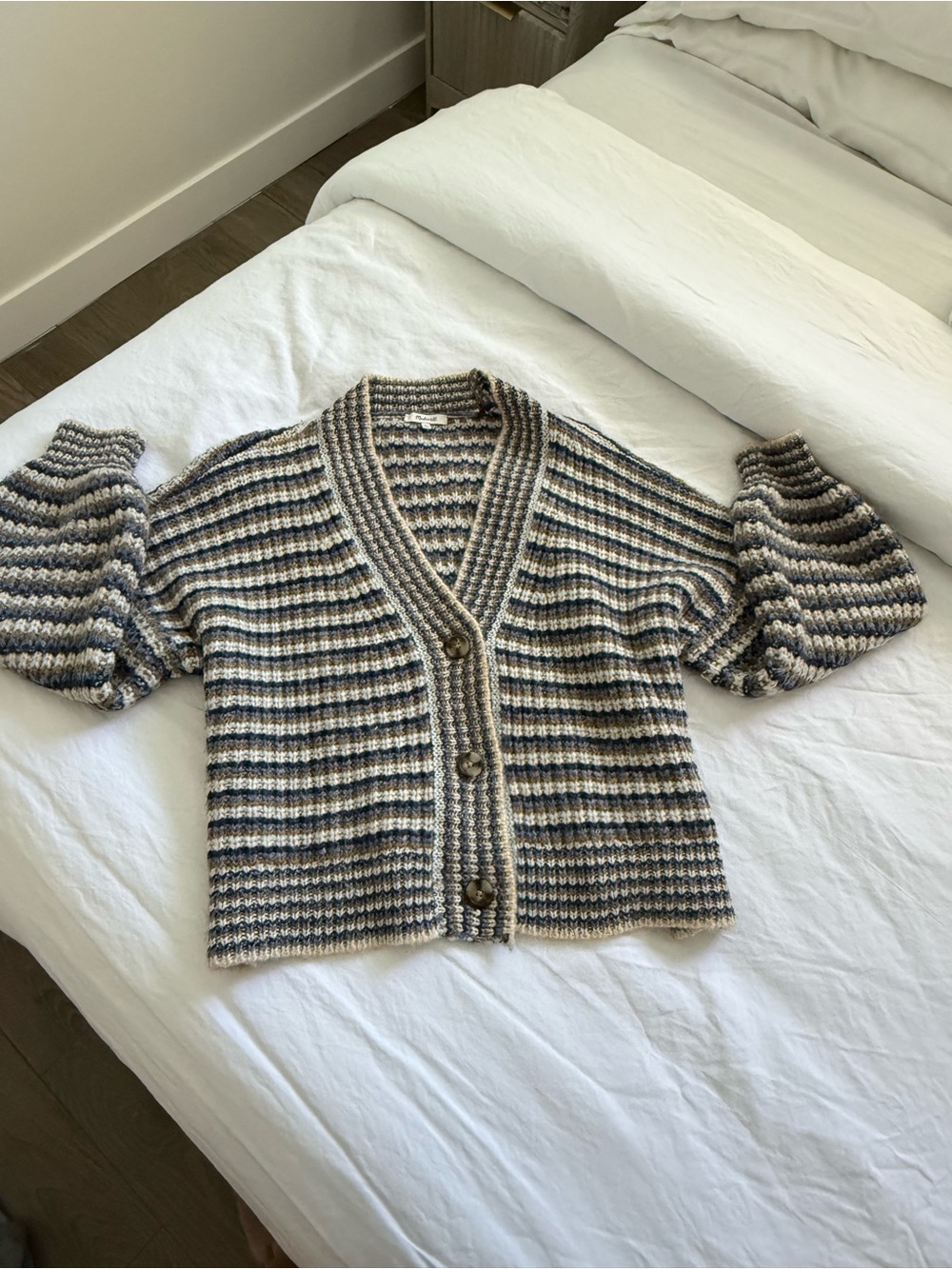 Madewell Beige & Navy Striped V-Neck Button Cardigan